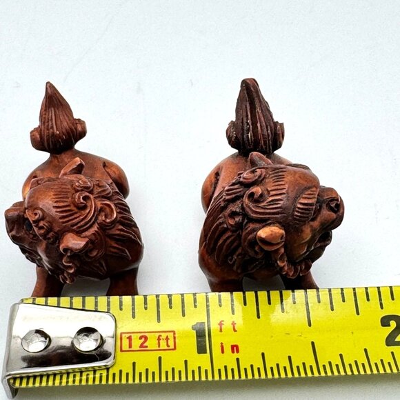 Ojime Netsuke 2 Foo Dog Lion Figurines Hand-Carved Boxwood Signed No Hole #1.2 - Picture 2 of 13